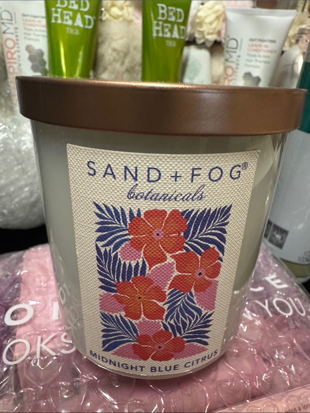 Sand and fog Midnight Blue Citrus Scented Candle - Blue & Pink Floral Design
